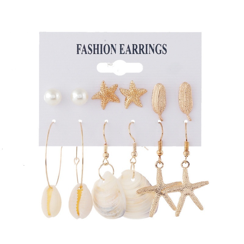 New earring accessories starfish large circle scallop star leaves pearl 6 pairs set earrings