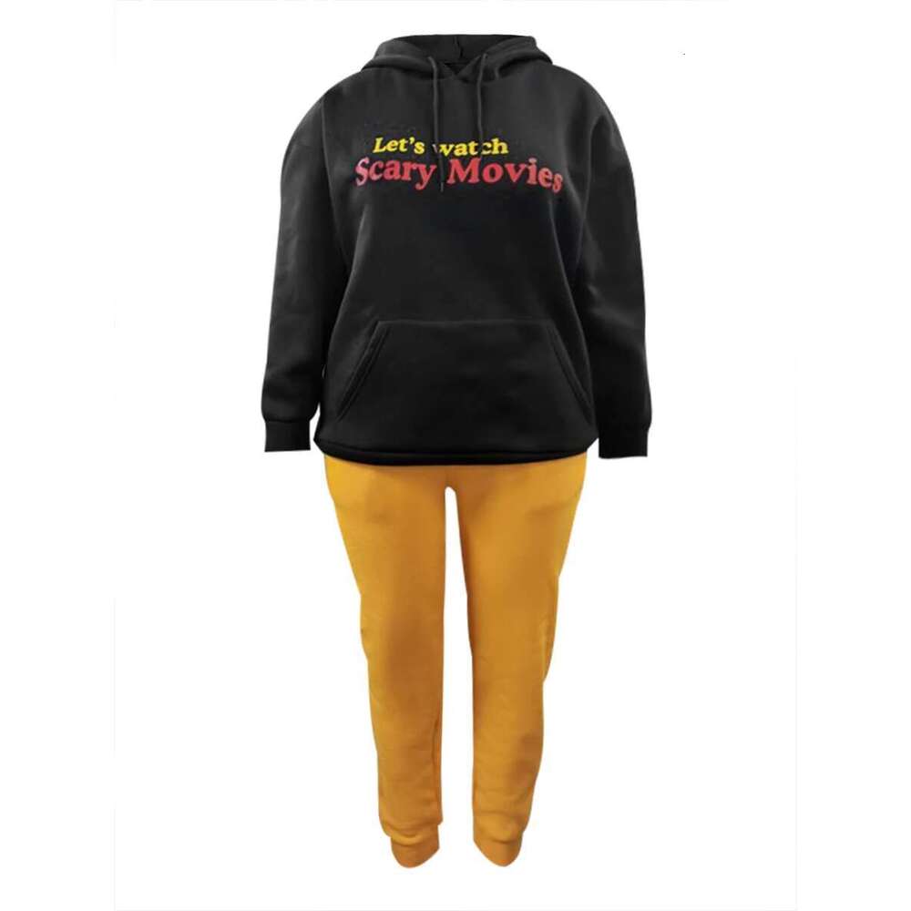 LW Plus Size Letter Print Kangaroo Pocket Tracksuit Set Women's Clothing Sweatsuit Hooded Collar Two Piece Outfit