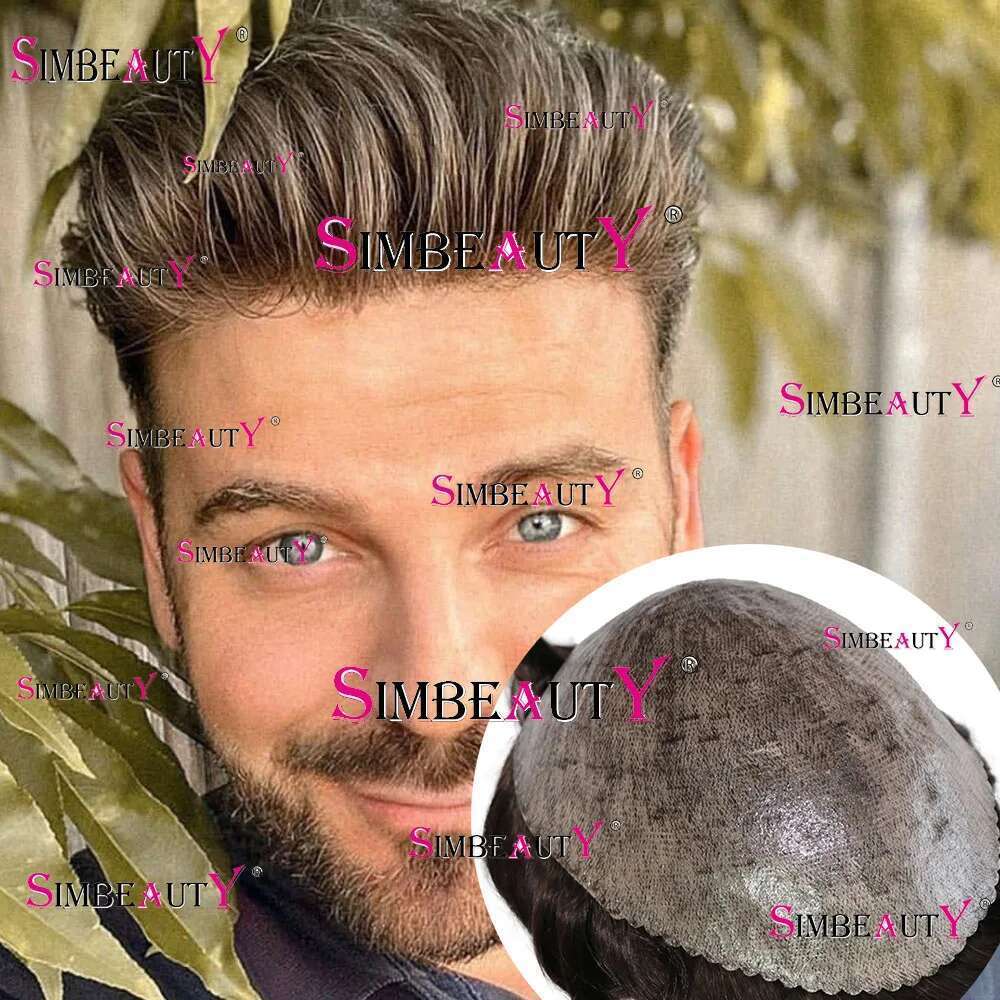 100% Human Poly Skin Scalloped Natural Hairline Brown Men's Toupee for Fashion Gray 1B40 Hair Prosthesis Replacement System