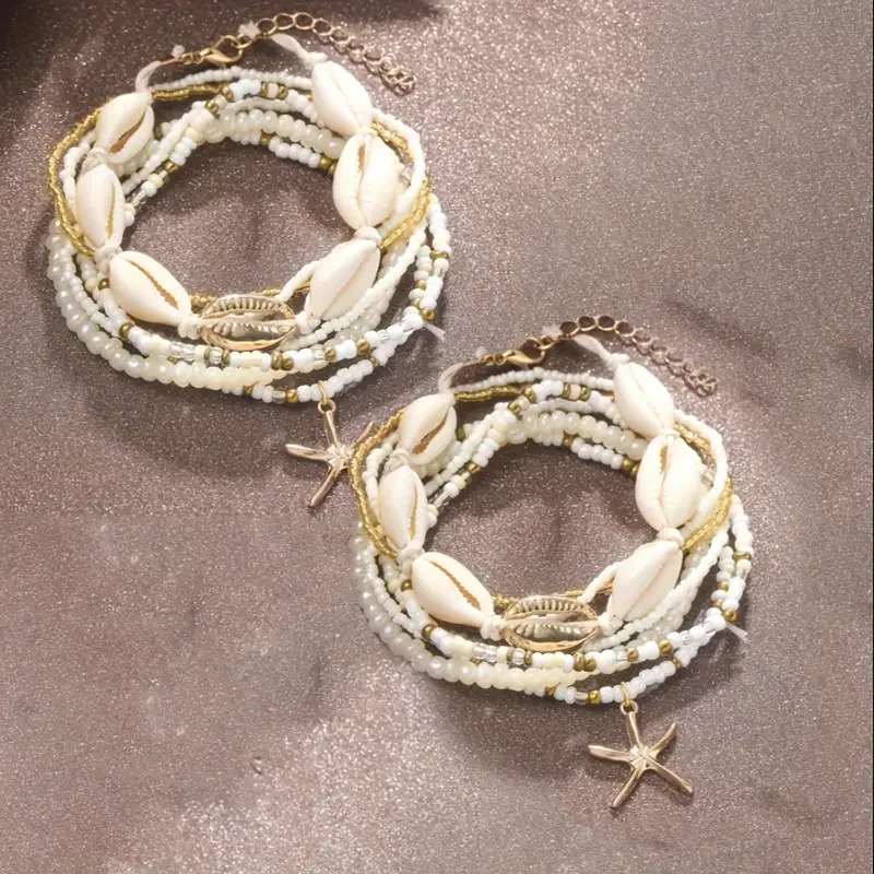7/14pcs Bohemian Beaded Anklet Set for Women Summer Starfish Shell Charms Multi-Layer Beach Foot Bracelets Daily Wear Jewelry 250513