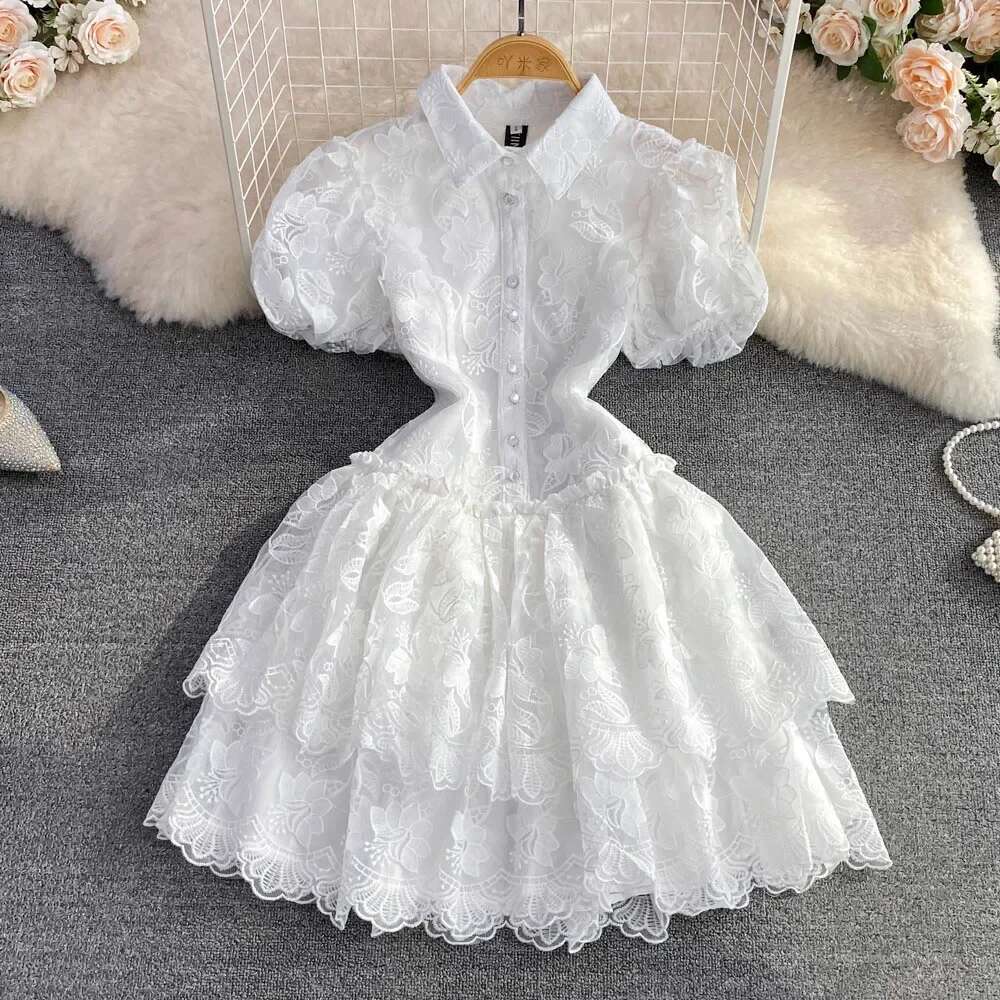 Summer Chic Lace Patchwork Dress for Women Puff Sleeve Lapel Tierred Ladies Dresses A-line Sweet Girls Vestidos Dropshipping