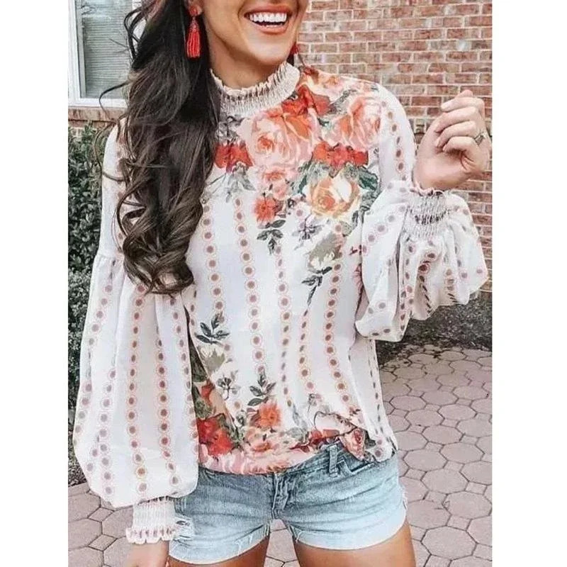 Printed Woman Shirt Sweet Blouse Spring Autumn Fashion Lantern Sleeve Top 250514