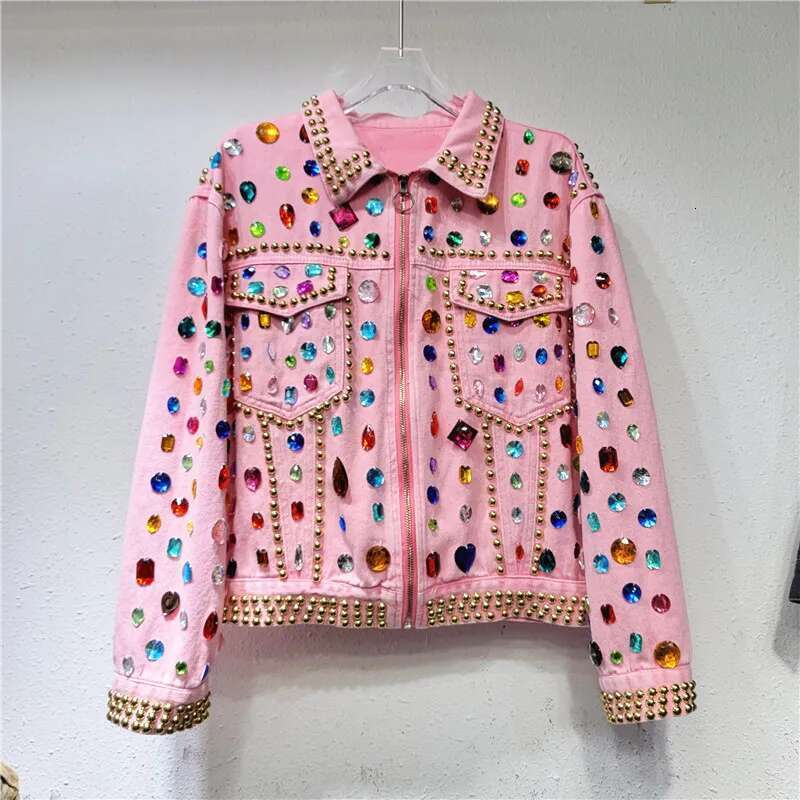 Women Rainbow Dias Beaded Pink Denim Coat Loose Rhinestones Jeans Jacket Long Sleeve Crystal Cowboy Cardigan Rivets Tops