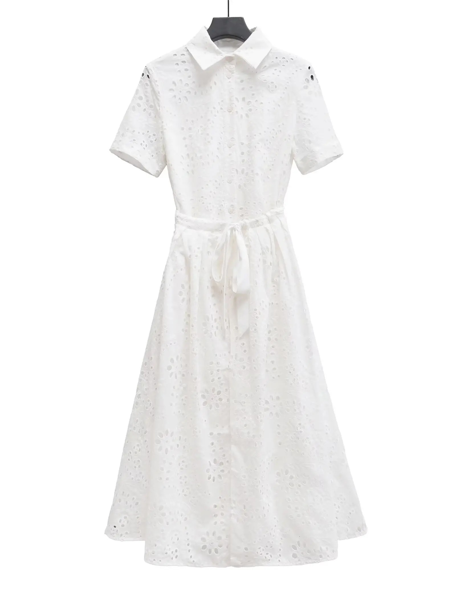 European and American style summer with belt y shortsleeved white dress 250514