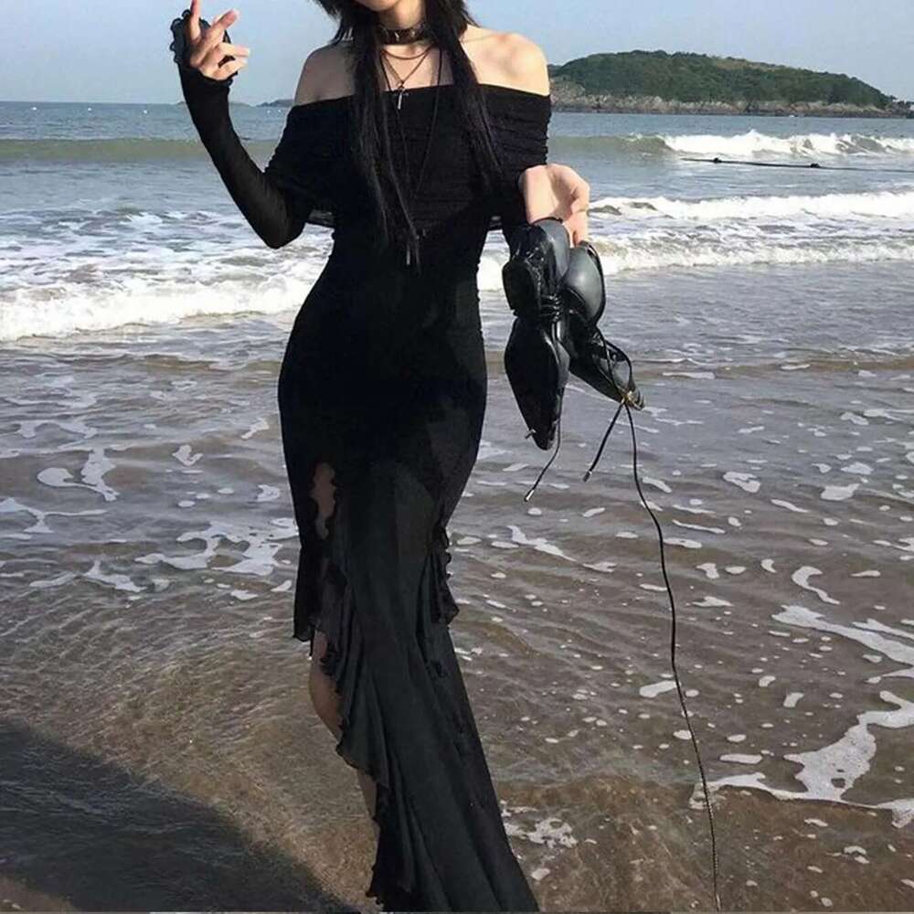 SUCHCUTE Elegant Off Shoulder Ruffles Split Dress Black Fashion Long Sleeve Party Dresses Women Beach Vacation Outfits