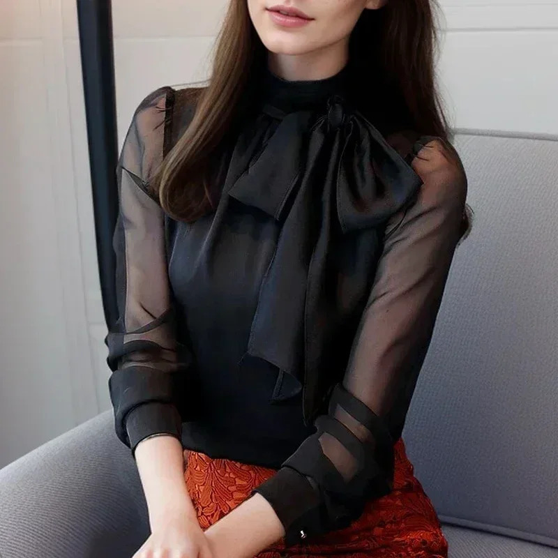 Summer Fashion Tunic Women Blouse Long Sleeve Woman Tops Tie Bow Chiffon Womens Shirts Office Lady Clothes 0599 250513