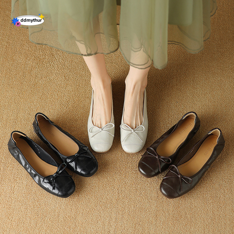 New Super Soft Sheepskin Single Women, Shallow Bow Ballet for Commuting, Casual, Coarse Heels, Grandma Shoes ddmythur