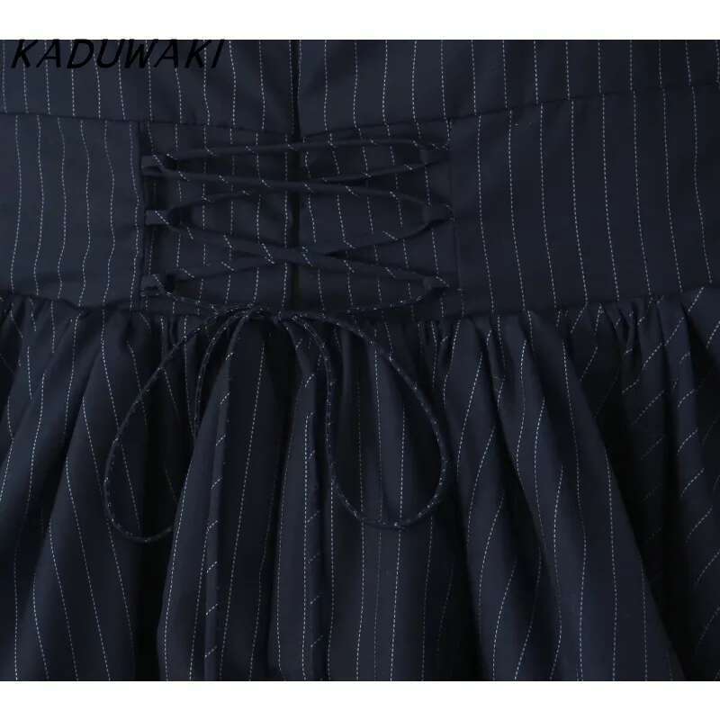 KADUWAKI Navy White Striped Spliced Lace Collar Ball Gown Dress Puff Sleeve Retro Women Ruched Waist Lacing Up Back Cake Dresses