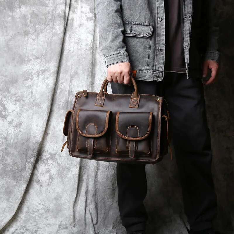 NZPJ Vintage Genuine Leather Men's Briefcase Crazy Horse Handbag Natural Cowhide Travel Casual Shoulder Crossbody Bag