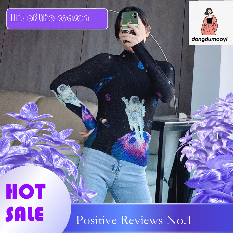 dongdumaoyi Miyake small print base short long sleeved top autumn design slim fit versatile half high neck slimming t-shirt for women