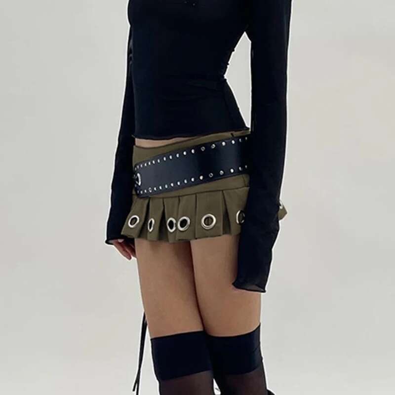 CIBBAR Punk Style Low Rise Mini Skirt With Leather Belt Hot Sexy Super Short Pleated Skirts Women Haruku Clubwear Outfits Y2k