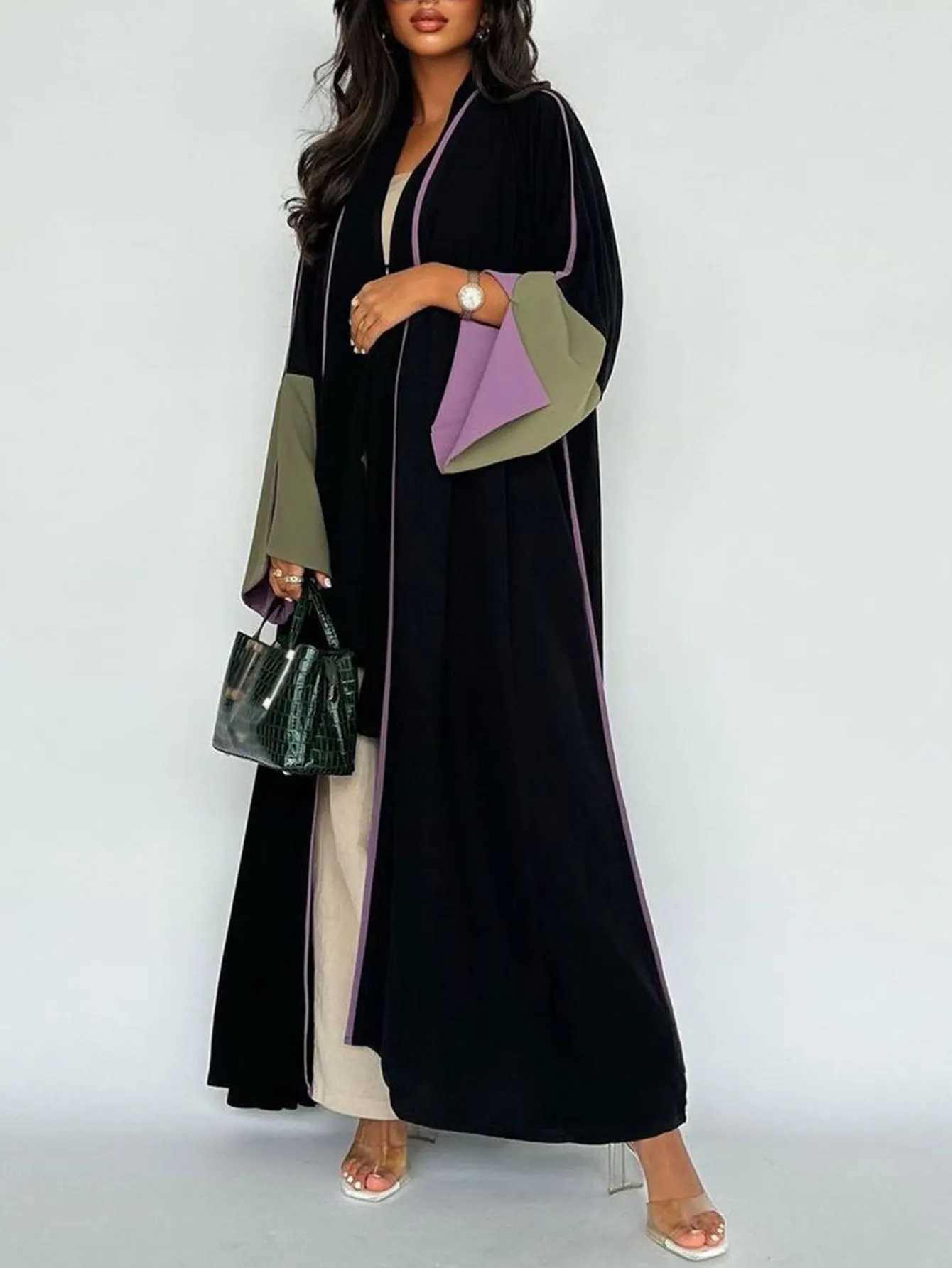 Fashion Colour Blocking Abaya Kimono Dubai Muslim Cardigan Abaya Women Casual Robe female Islam Clothes Out Kaftans Women Jilbab X250514