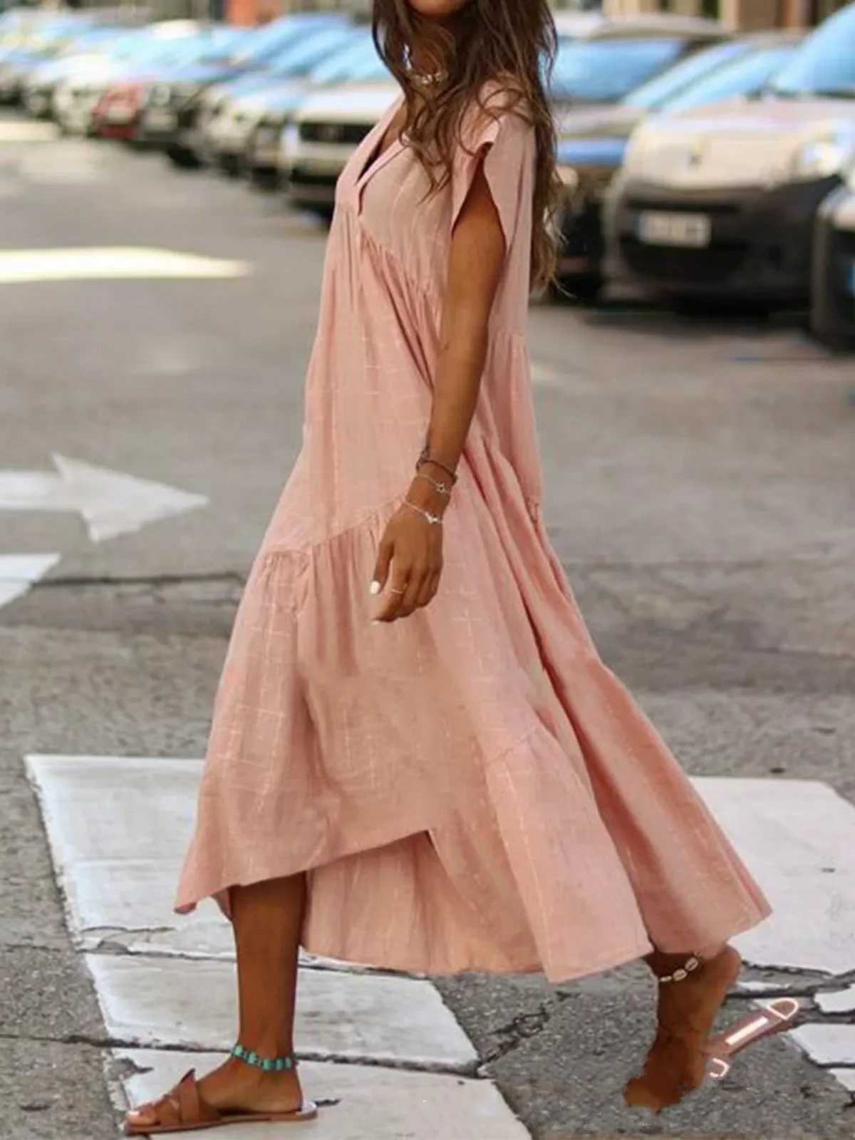 Irregular Womens Long Dress Loose Casual V-neck Pink Dresses Female Spring Fashion Loose Beach Clothes LadyXJ250514