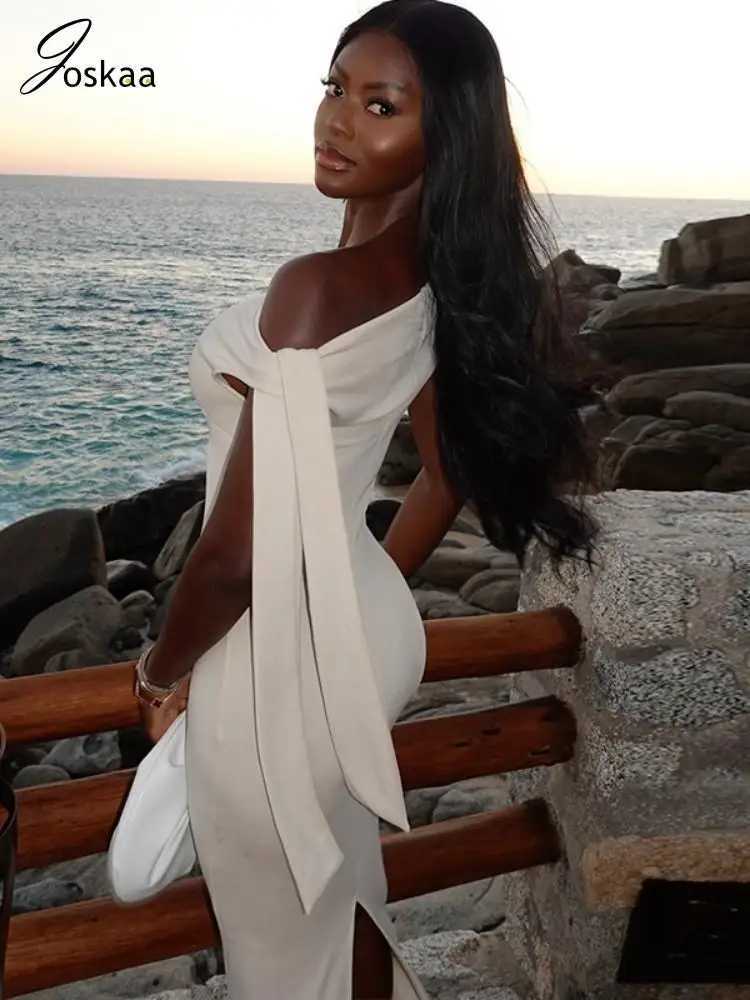 Joskaa Elegant Solid Long Maxi Dress Women Hipster Sexy Skew Collar Ribbons Skinny Vestidos 2025 Spring Birthday Party ClubwearXJ250514