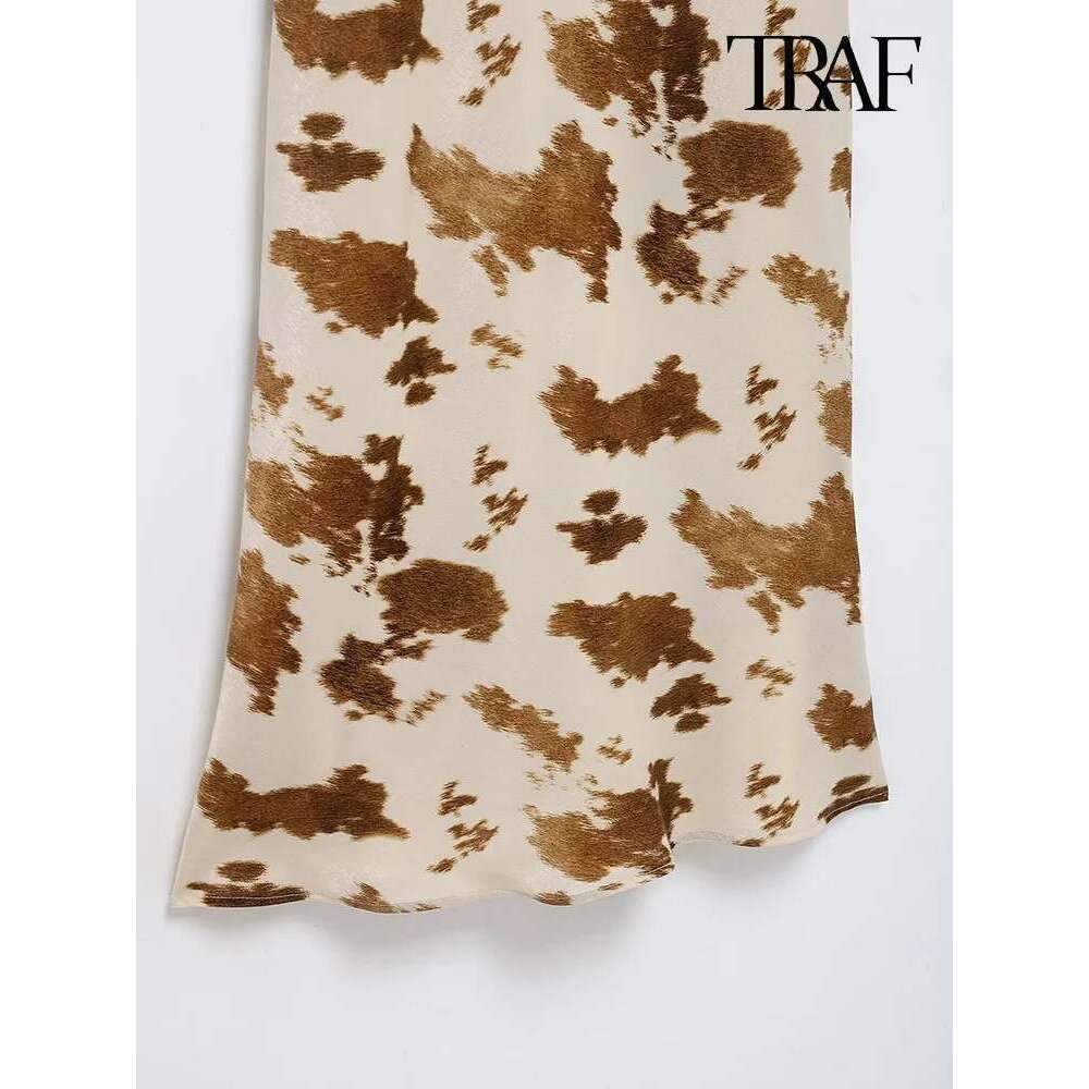 TRAF Women's Satin Texture V-Neck Mistletoe Fashion Sexy Spot Printed Long Halter Dress Temperament Elegant Womenswear