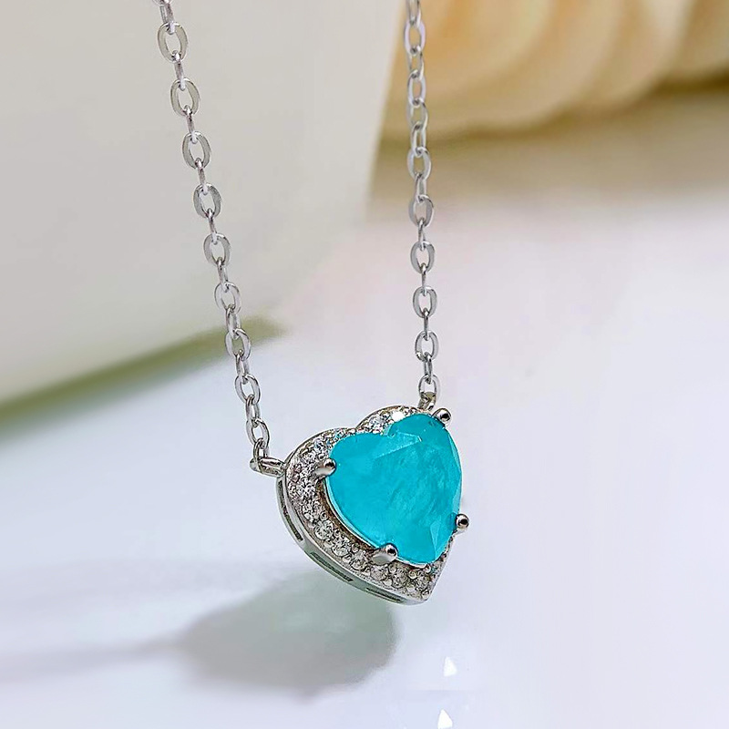 Choucong 2025 Sweet Cute Heart Pendant Luxury Jewelry Real 100% 925 Sterling Silver Paraiba Pave White Sapphire Women Wedding Clavicle Necklace For Lo