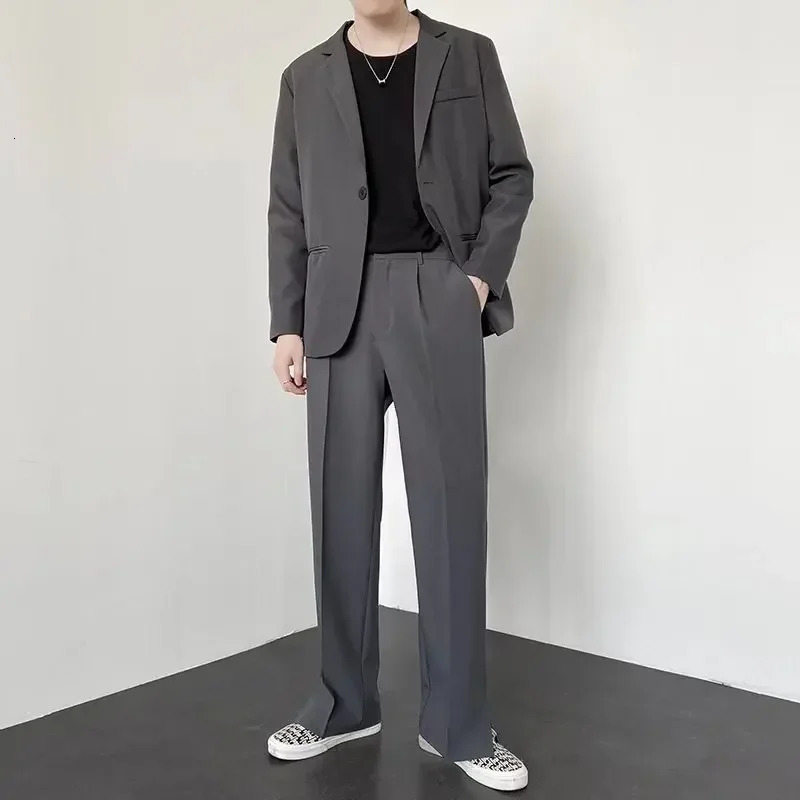 Mens Straight Baggy Casual Pants Korean Slit Personality Suit Trousers Fashion Formal Business Male Streetwear Gray Khaki Black 250513