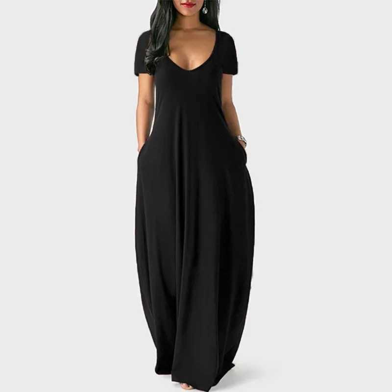 Summer Sexy Pure Color V-Neck Short Sleeve Long Dress Womens plus Size Clothing Cross-Border Fashion Elegant Maxi DressXJ250514
