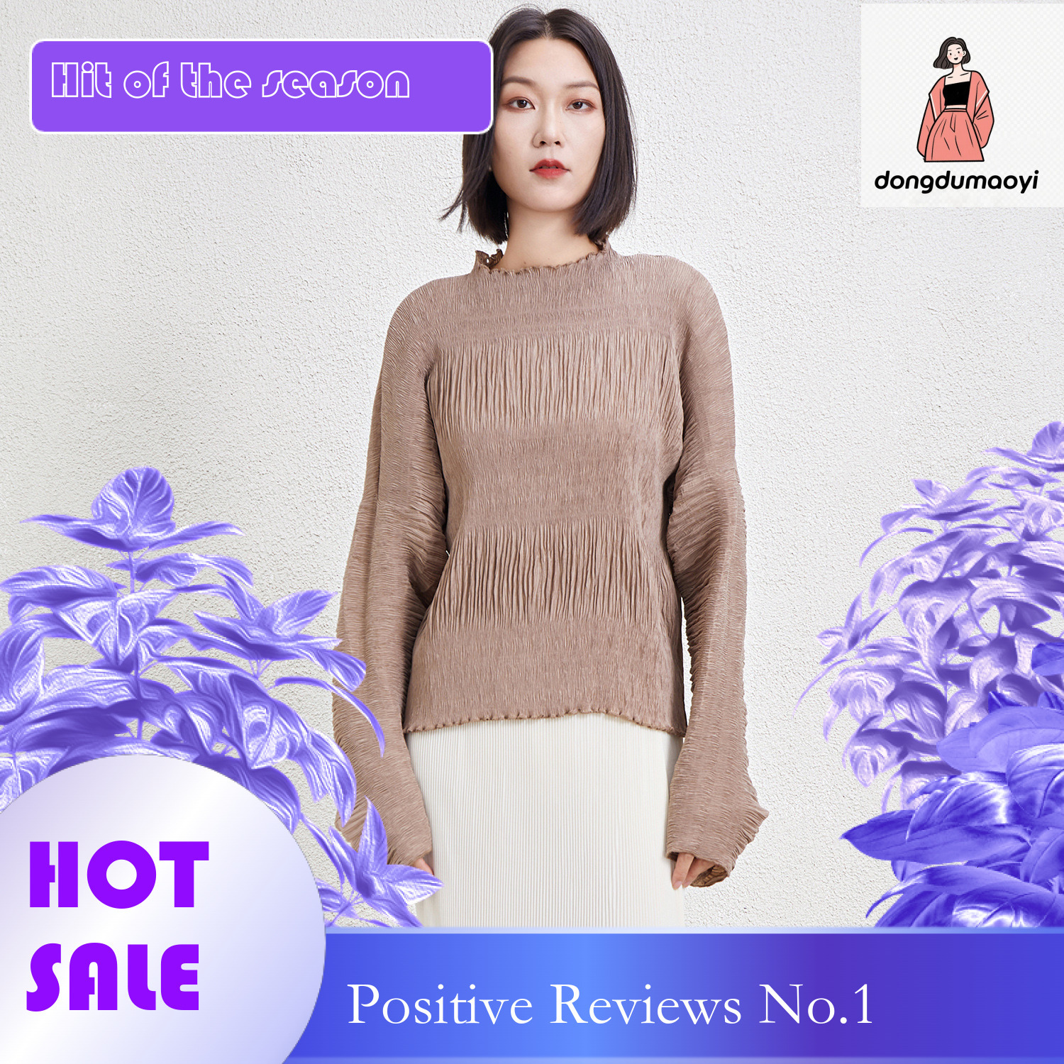 dongdumaoyi Lazy elegant small shirt with loose fit design, Miyake autumn and winter new style long sleeved T-shirt round neck pleated sweatshirt for 