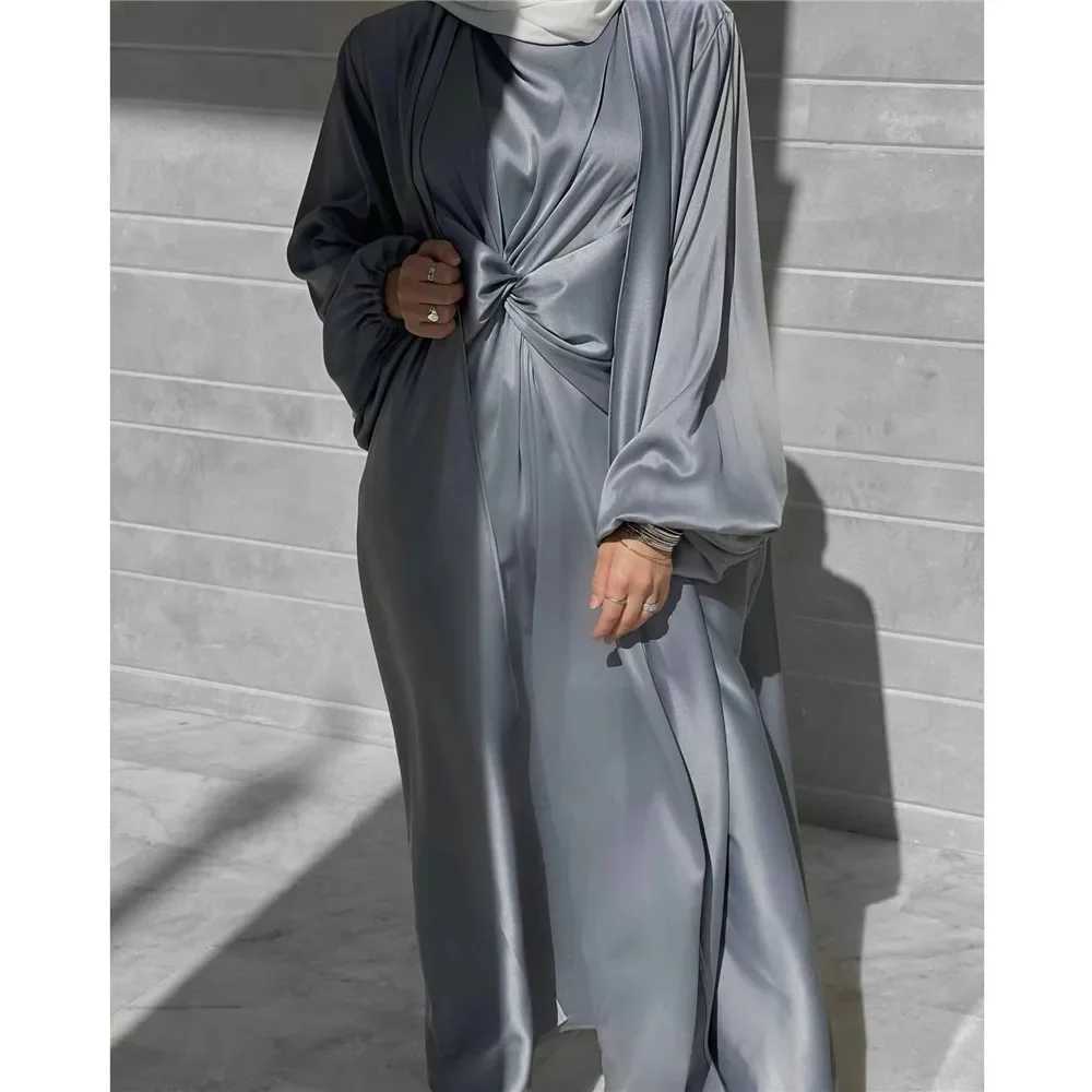 Muslim Hijab Dress Eid Satin Abayas 3 Piece Matching Sets Women Open Turkey Arab Robe Kaftan Kimono Femme Jalabiya Vestidos Gown X250514