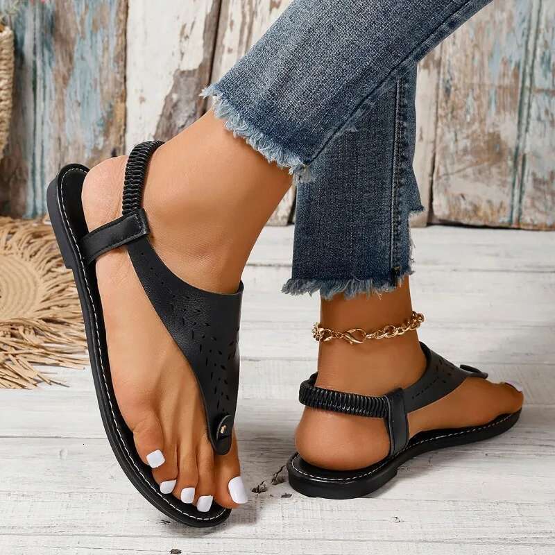 Women Large Size Hollow Toe Clip Flat Sandals for Women'S Summer Elastic Band Carved Beach Woman Sandal Sandalias