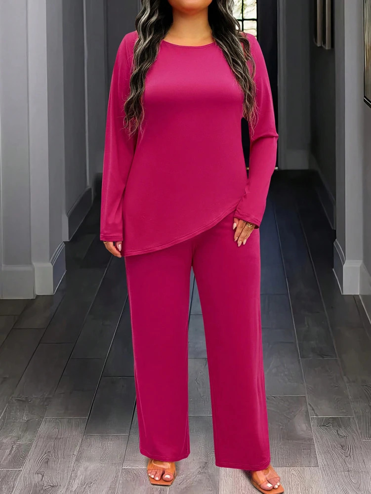 Large solid color knitted round neck long sleeved fashionable casual slim fit twopiece set for home outdoor loose and comfortable use 250427