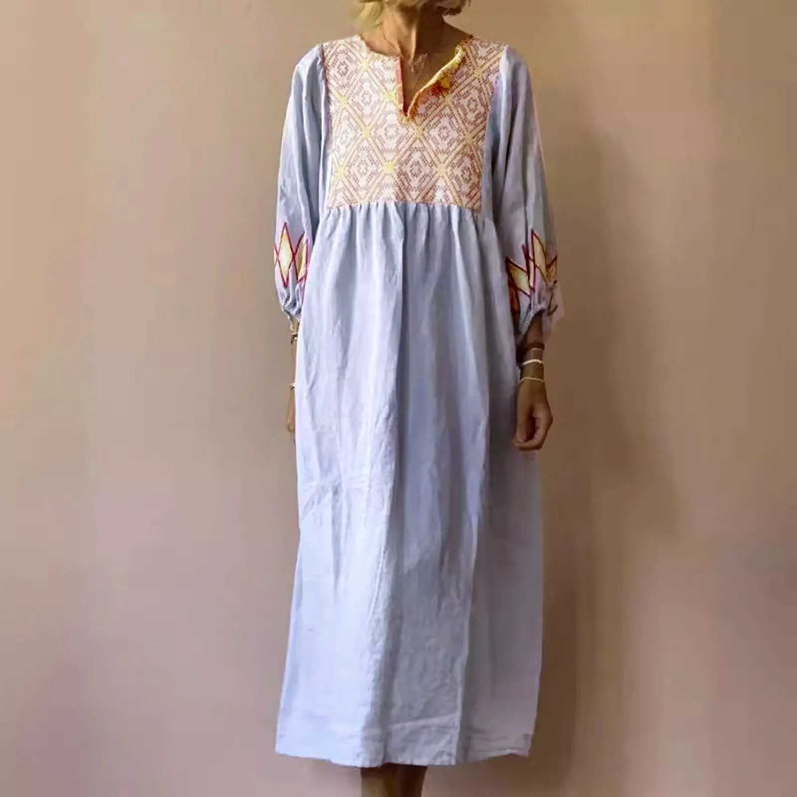 Womens Ethnic Retro Geometric Print Long Dress Spring 3/4 Lantern Sleeve A-Line Party Dress Summer V Neck Loose Beach Boho DressXJ250514