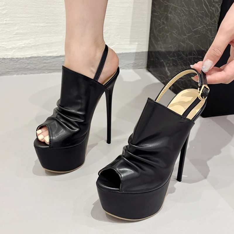 Likes Summer Cozy Pleated Leather Womens Super High Heels Platform Sandals Sexy Peep Toe Party Nightclub Stripper Shoes Black W250514