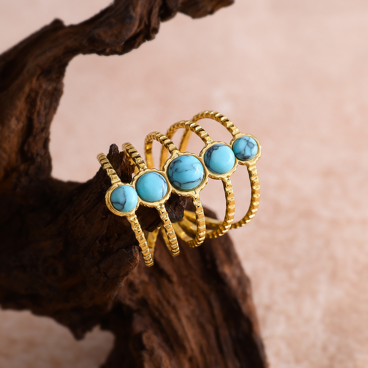 Multi-Layer Turquoise Stone Gold-Plated Adjustable Ring with Pearls, Chic and Elegant Open Design, Wholesale Fashion Jewelry