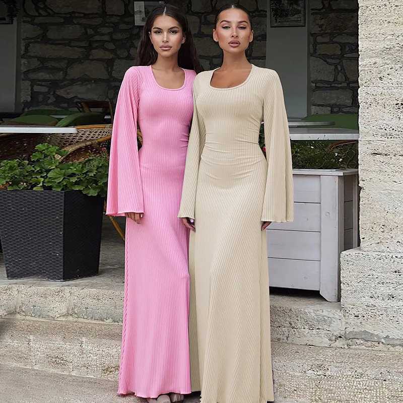 Solid Ribbed Trumpet Long Sleeve Maxi Dress Back Lace-Up Straps Elegant Casual For Women A little thinner Dresses All seasonsXJ250514