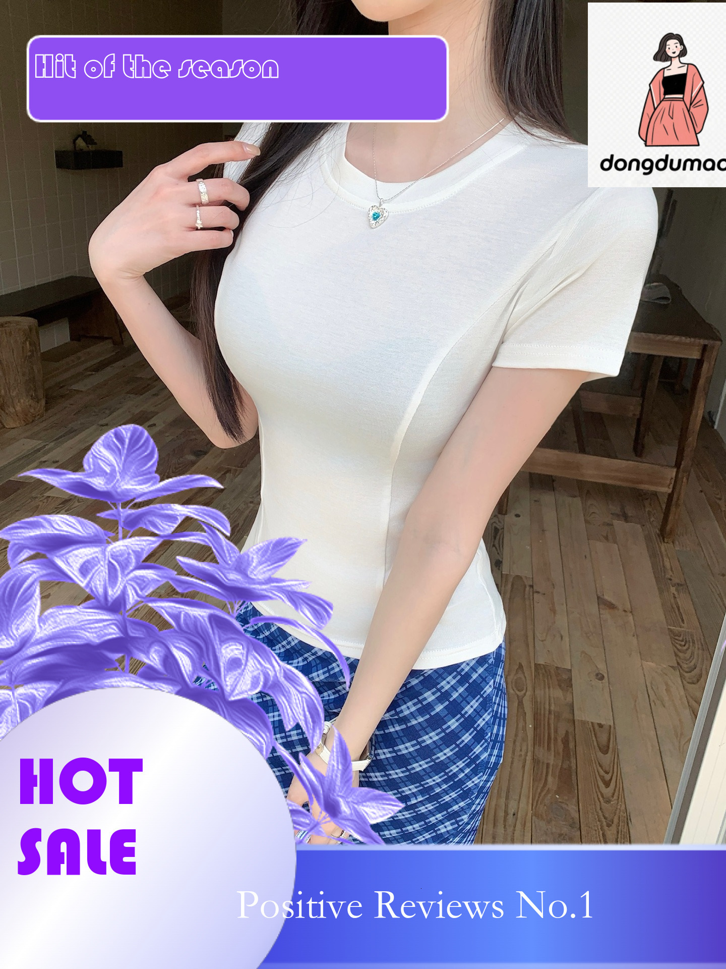dongdumaoyi Fishbone line slimming T-shirt for women's summer 2025 new round neck slim fit short sleeved commuting trendy hot girl top
