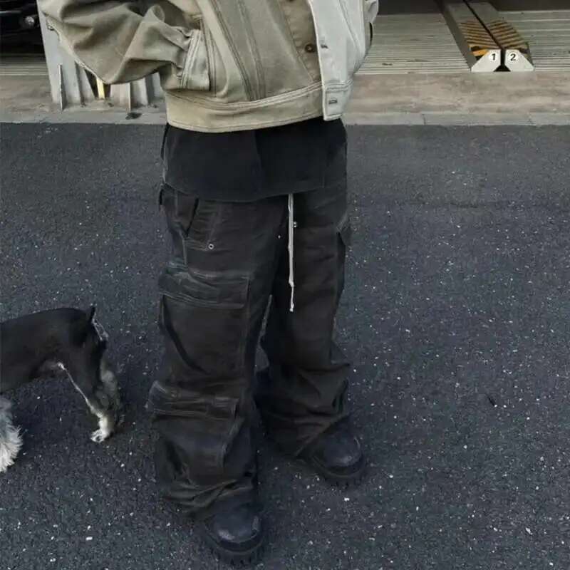 High Street Drawstring Zipper Sliced Wide Leg Cargo Msn's Casual Straight Trousers Loose Denim Pants 28W5963