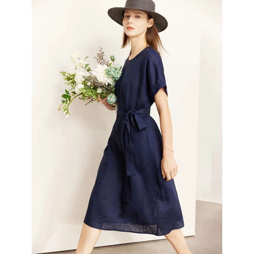 AMII Minimalist Women Dress Summer New 100% Linen Niche Fashion Artistic Temperament O-Neck Dresses Vestidos 12342278