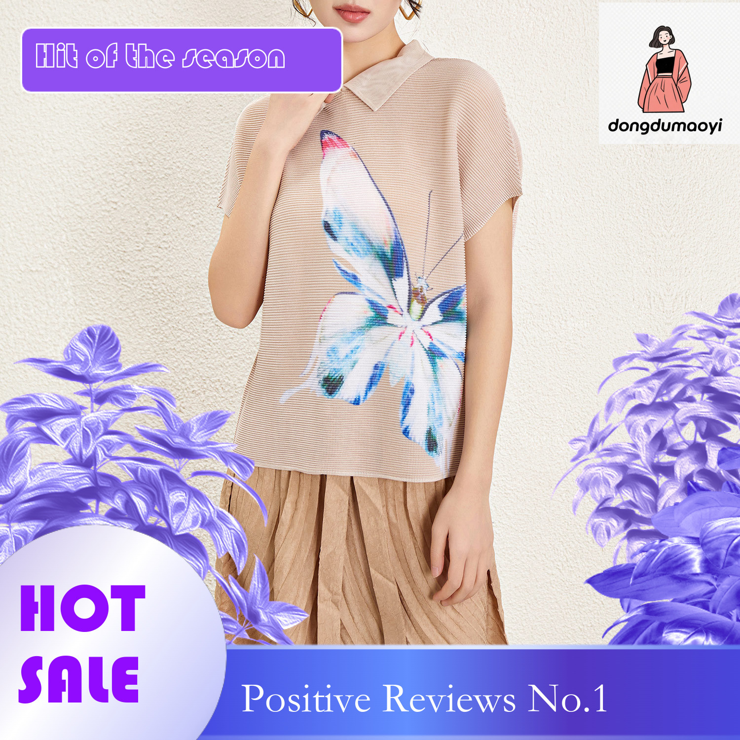 dongdumaoyi New European style short sleeved pleated top spring and summer 2024, featuring a niche design otaku. Polo small collar printed T-shirt for