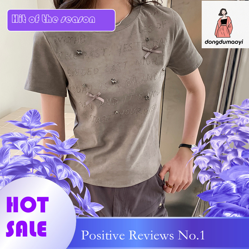 dongdumaoyi Bow heavy industry diamond inlaid gray shoulder short sleeved T-shirt for women's summer style, unique slim fit and slimming round ne