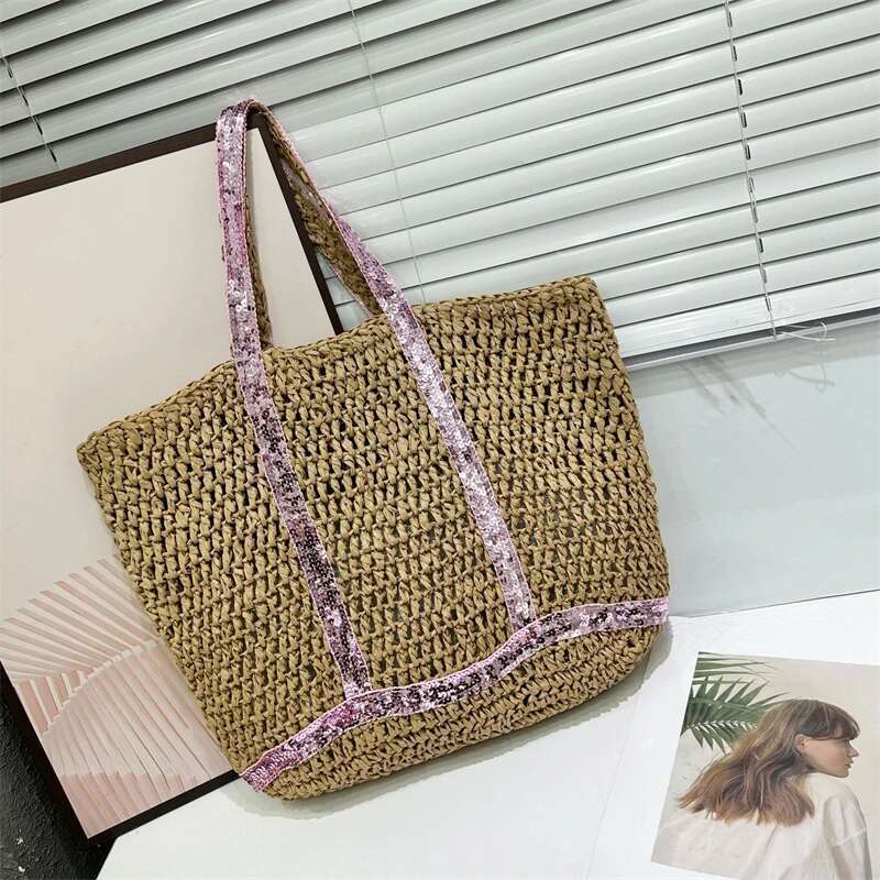 Straw Hollow Out Knitting Sequins Tote Large Capacity Handmade Shoulder Handbag Women Designer Casual Beach Bag Ethnic Style