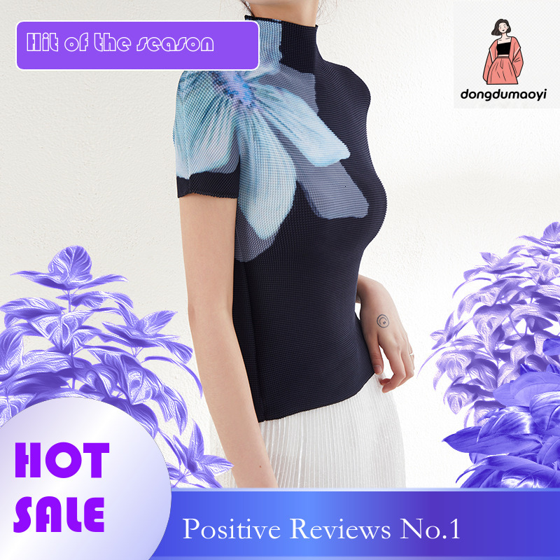dongdumaoyi Wrinkled Top for Women's Miyake 2025 Summer Versatile Thin Small Shirt, Elastic Slimming and Slimming, Printed Short Sleeve T-shirt