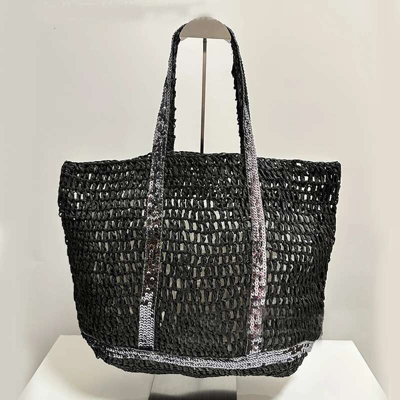 Straw Hollow Out Knitting Sequins Tote Large Capacity Handmade Shoulder Handbag Women Designer Casual Beach Bag Ethnic Style