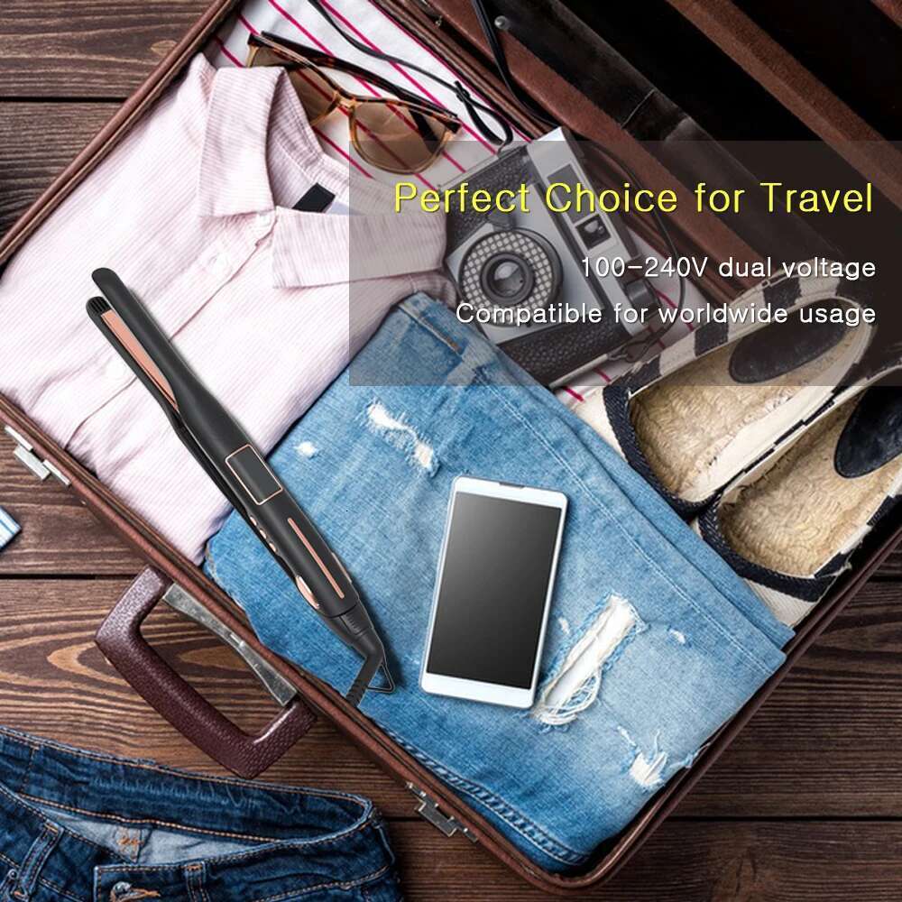 Thinnest Plate Curler Mini Straightener 2 in 1 Titanium Pencil Narrow Flat Iron with LCD Display for Short Beard Hair