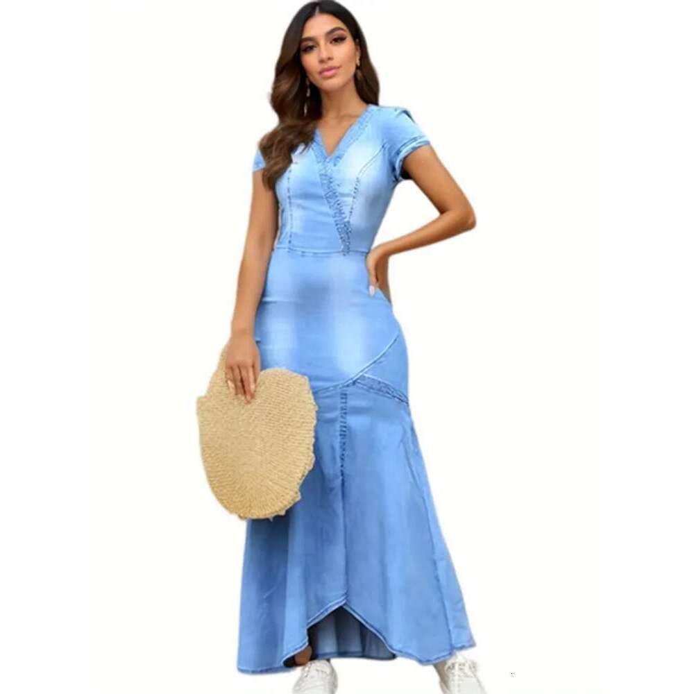 Plus Size Plain V Neck Light Washed Short Sleeve Denim Maxi Bodycon Vintage Mermaid Dress Casual Summer Long Dresses