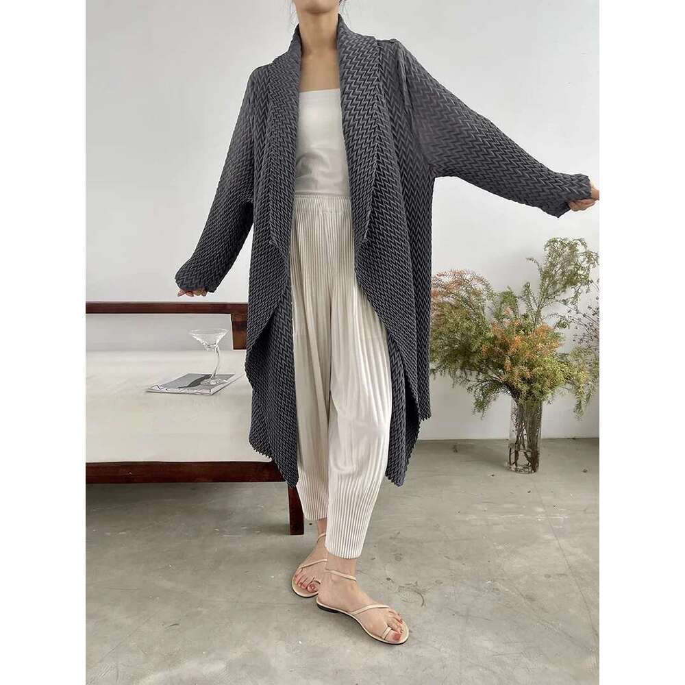 Fold Miyake These Spring New Small Stroke All-matching Temperament Sleeve Solid Color Medium Long Trench Coat