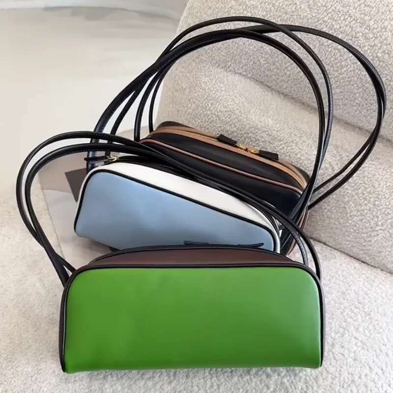 2025 Brand Genuine Leather Portable Bowling Women's Super Fire Color Splicing Advanced Sense Shoulder Commuter Underarm Bag