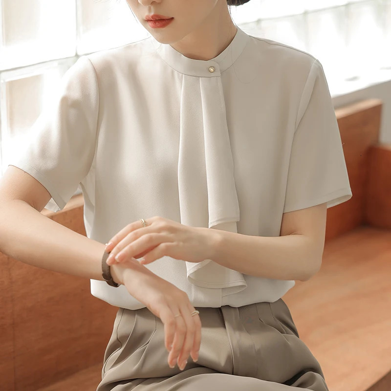 Elegant Spring Summer Ribbon Collar Womens Blouses Short Sleeve Oneck Casual Loose Office Lady Shirts for 250514
