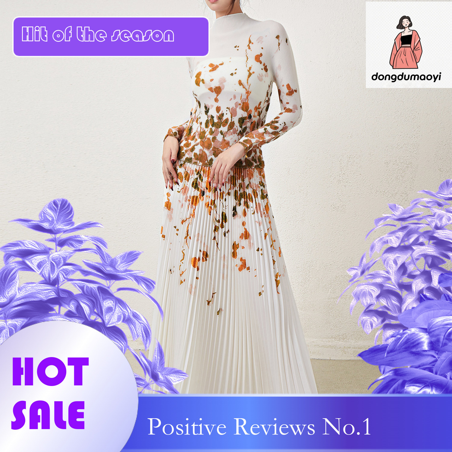 dongdumaoyi Printed autumn new three bedroom top pleated slim fit long sleeved t-shirt women's two-piece set