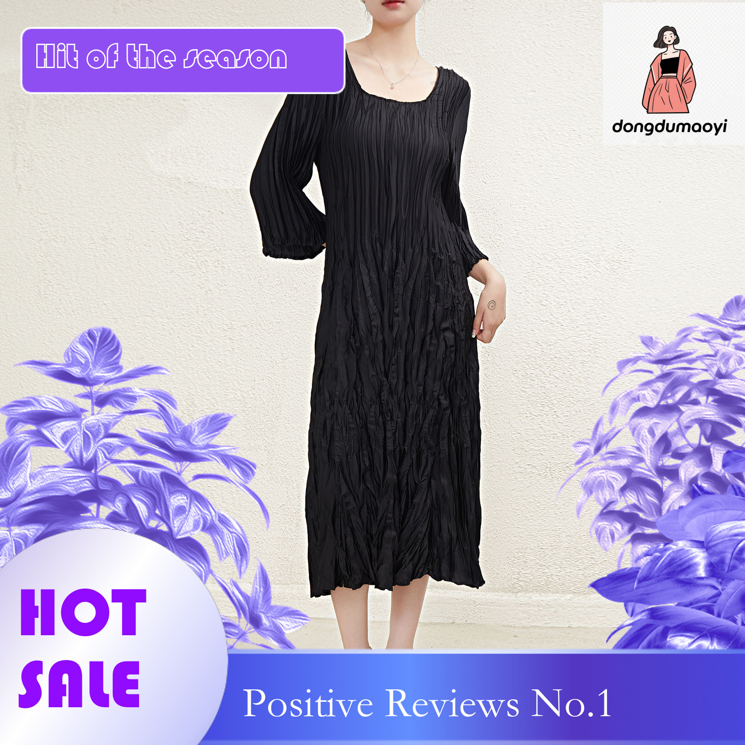 dongdumaoyi Miyake s new black slimming dress with a pleated design and temperament short sleeved plus size medium long skirt