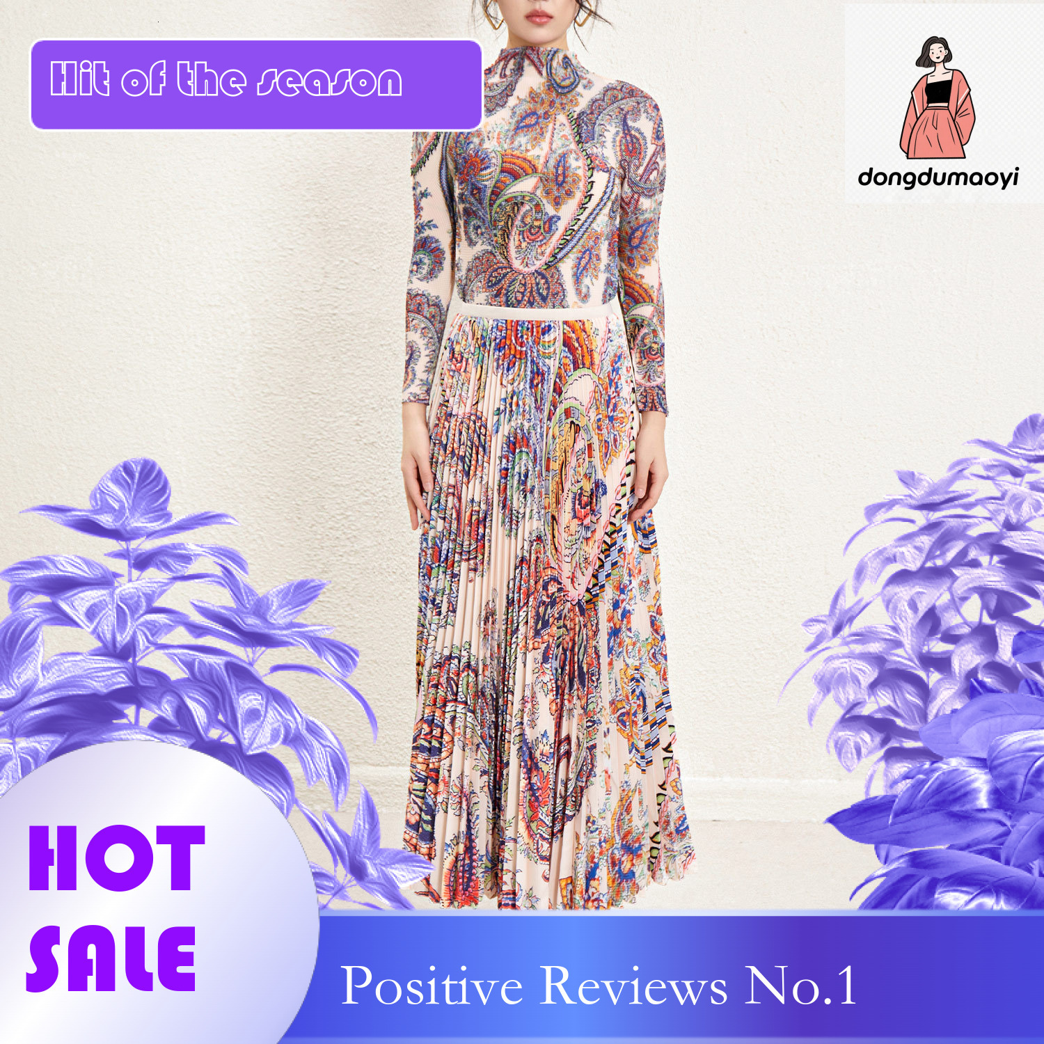 dongdumaoyi Muslim Miyake Fashion High end Women's Printed T-shirt Top Skirt Two piece Set