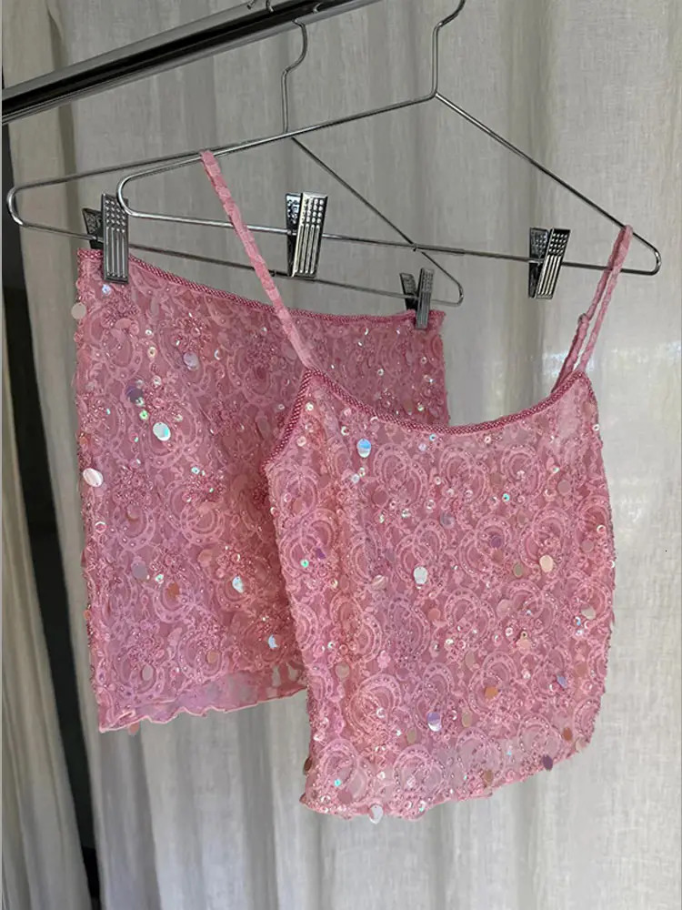 Sexy Sequined Shorts Sets Women Glitter Sling Camisole Slim Crop Tops A Line Mini Skirt 2025 Summer Vacation Beach Outfits Lady 250513