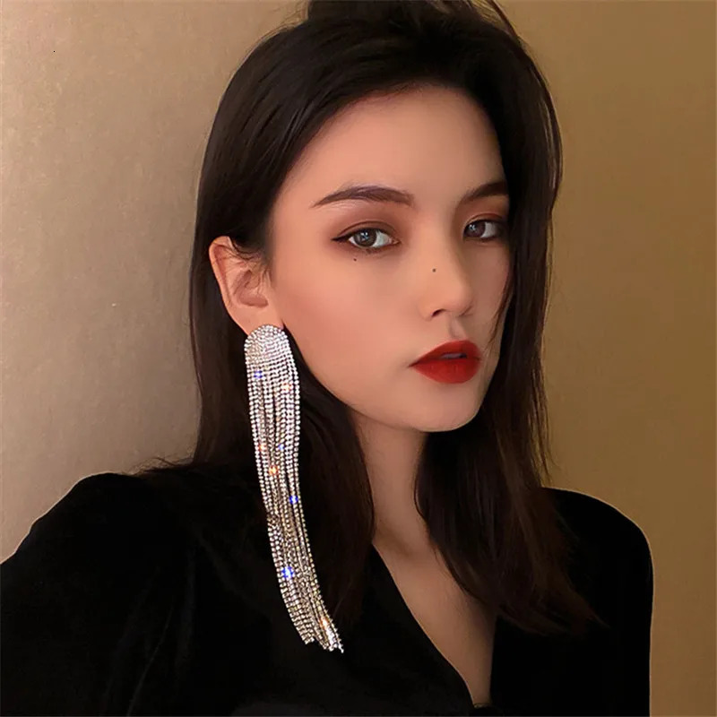 FYUAN Long Tassel Rhinestone Drop Earrings for Women Ovsize Crystal Dangle Earrings Fashion Jewelry 250513