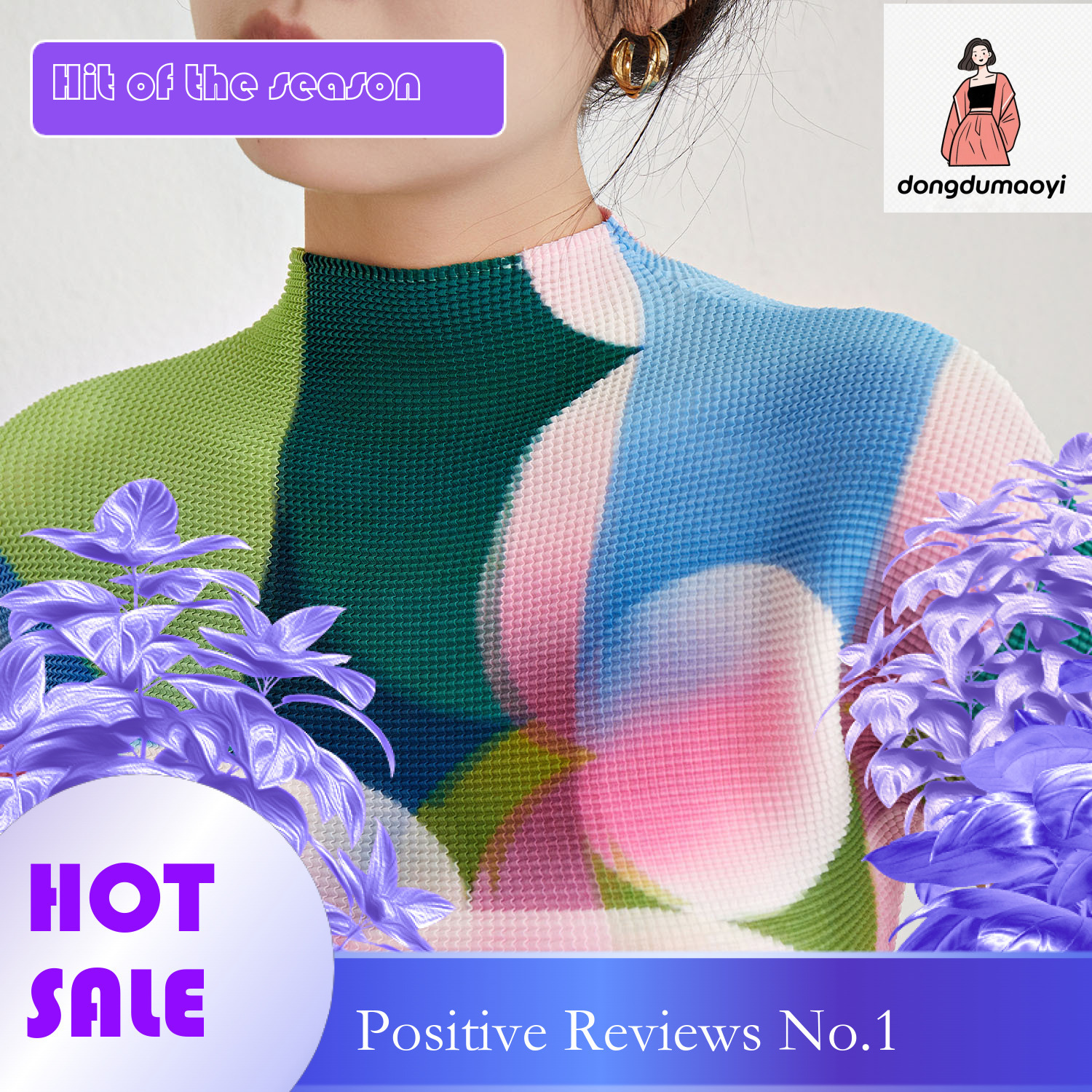 dongdumaoyi High end pleated short sleeved three bedroom top for women in summer, colorful slim elasticity, tight fit, plus size, high neck, light lux