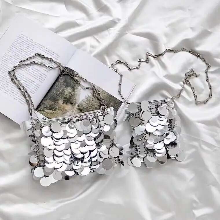 Sequins Sier Women Small Tote Bag Bling Fashion Lady Bucket Handbags Girls Glitter Purses 2023